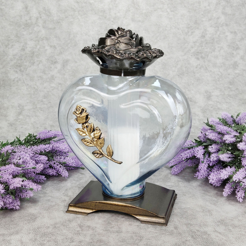 Лампадка скляна велика серце прозора з золотистою трояндою Serce Ornament 45год Лампадка скляна велика серце прозора з золотистою трояндою Serce Ornament 45год