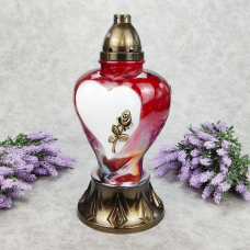 Лампадка скляна велика серце з трояндою червона Lampion Serce Zywica 45год