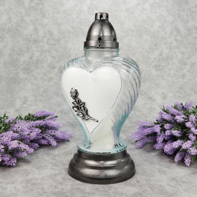 Лампадка скляна велика серце з трояндою прозора Lampion Serce Zywica  45год