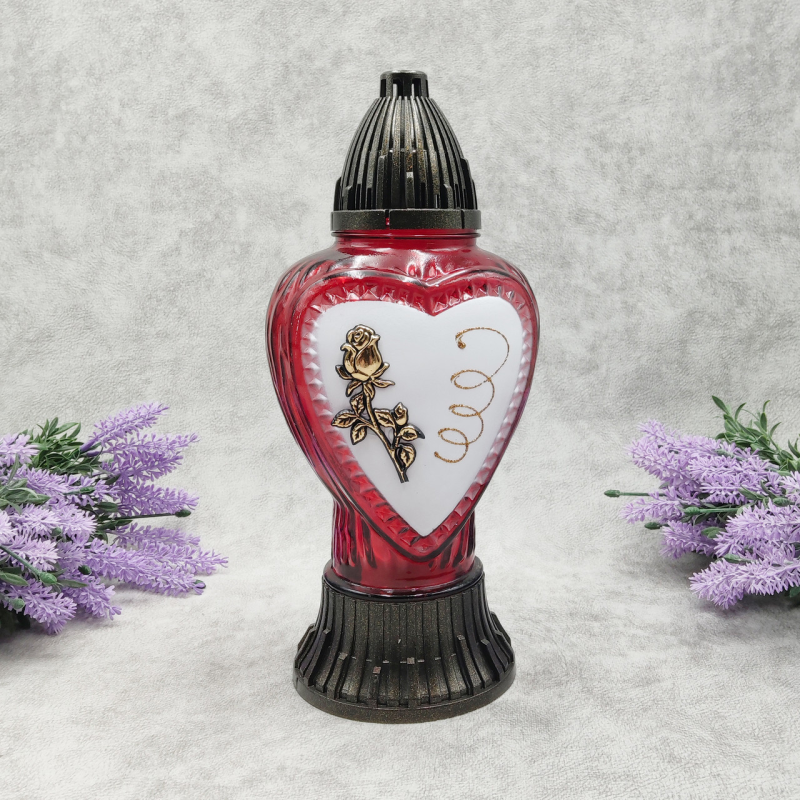Лампадка скляна серце червона з трояндою середня LP762U 30год Лампадка скляна серце червона з трояндою середня LP762U 30год