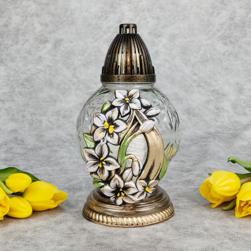 Лампадка скляна середня куля з аплікацією проліски 20год Лампадка скляна середня куля з аплікацією проліски 20год