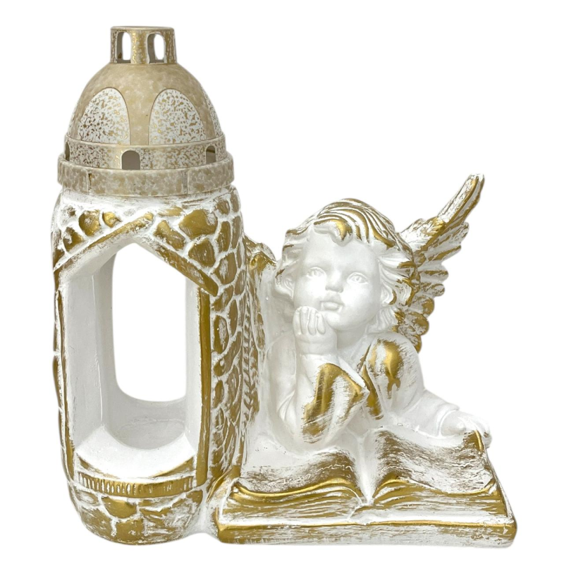 Гіпсова статуетка з лампадкою “Ангел з книгою“ Біло-золота Гіпсова статуетка з лампадкою “Ангел з книгою“ Біло-золота