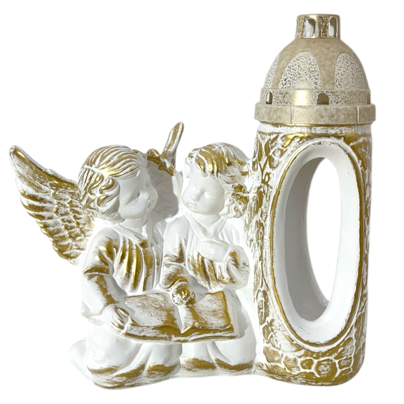 Гіпсова статуетка з лампадкою “Два янголи з книгою“ | Біло-золота | 30×30 см Гіпсова статуетка з лампадкою “Два янголи з книгою“ | Біло-золота | 30×30 см