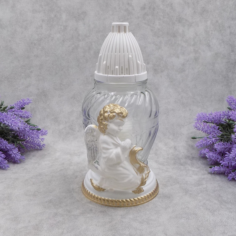 Лампадка скляна аплікація з ангелом середня LP07 20год Лампадка скляна аплікація з ангелом середня LP07 20год