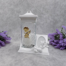 Лампадка скляна середня біла з ангелом LC222 tabliczka 20ч