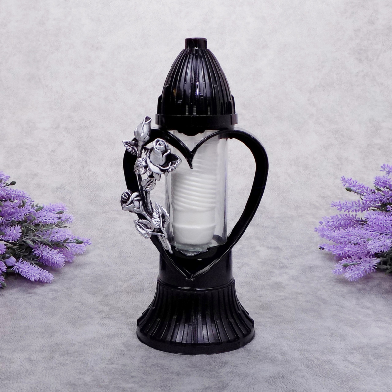 Лампадка середня Пам’ять у серці 3D чорна зі срібною трояндою Лампадка середня Пам’ять у серці 3D чорна зі срібною трояндою